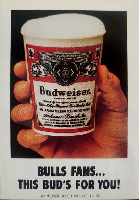 Budweiser advertiser on the 84-85 Bulls Pocket Schedule