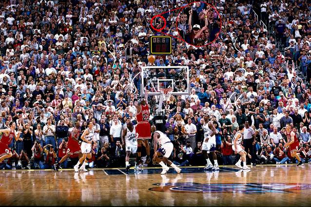 Michael Jordan's Final Shot in game six of the 97-98 NBA Finals with young fan holding up six fingers
