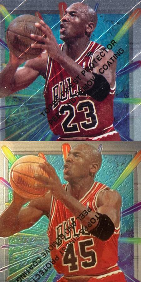 A close-up look at the texturing on the regular card alongside a possible lack of texturing on the #23 card.