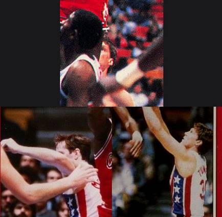 Kevin McKenna and Jeff Turner photographed in 84-85 games against the Chicago Bulls alongside a close-up of a Nets player on the #57 card