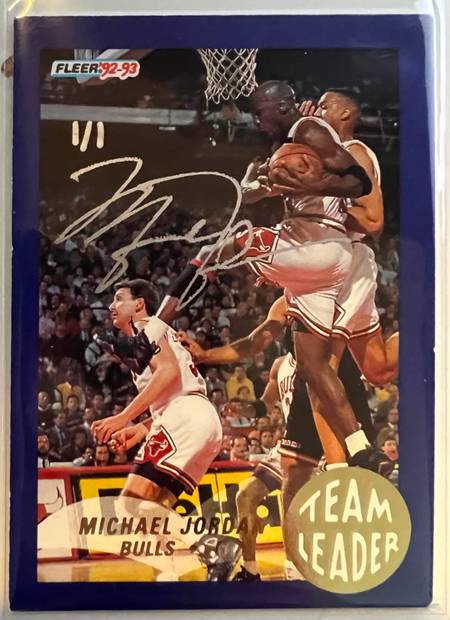 92-93 Michael Jordan Team Leader Buy Back Auto - front, certificate and back showing the Upper Deck authentication sticker