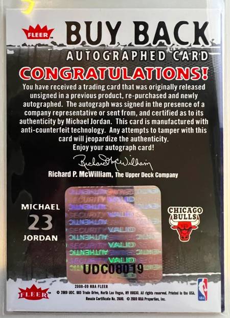 92-93 Michael Jordan Team Leader Buy Back Auto - front, certificate and back showing the Upper Deck authentication sticker