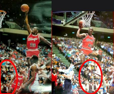 Spectators in both 87 and 88 Starline posters - these photos were taken at the same game and Jordan is wearing white shoes
