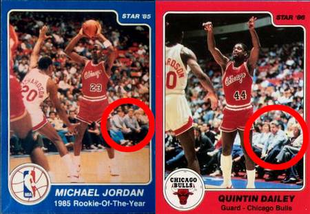 84-85 Jordan #288 and 85-86 Dailey #120 - we can see Jordan in white shoes and crowd member overlap