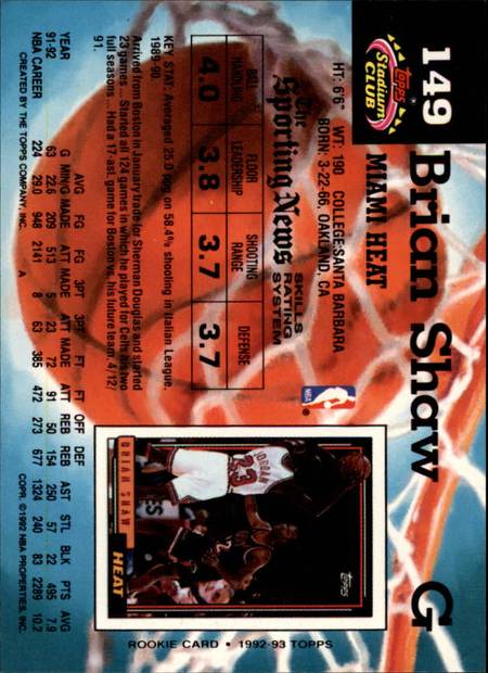 92-93 Topps Stadium Club Brian Shaw Jordan shadow card