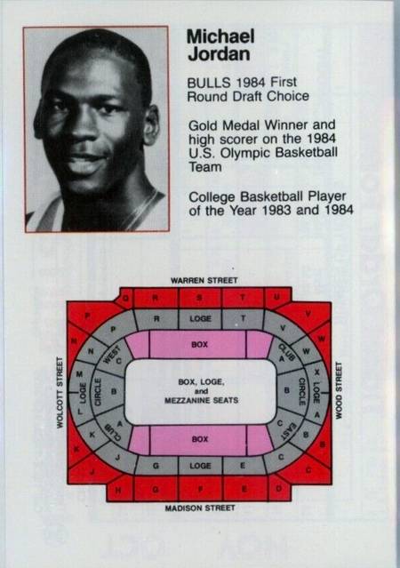 Michael Jordan featured in the 84-85 Bulls Pocket Schedule